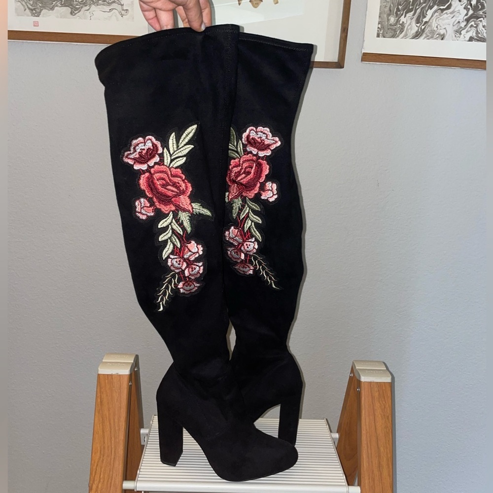 Floral Embroidered Over the Knee Boots - Black